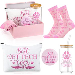 Kacctyen 5 Pcs Vet Receptionist Week Gifts for Women Veterinarian Appreciation Gifts Best Vet Tech Ever 16 oz Glass Cups Cosmetic Makeup Bag Pocket Mirror Socks for Veterinary Technologist Nurse