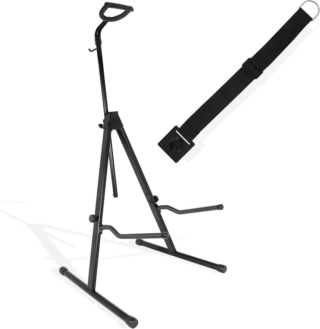 YAKCAM Foldable Cello Stand with Bow Holder, Safety Bar, Endpin Stopper, Adjustable Portable Floor Tripod Stand | Matte Black Steel | Foam-Padded Contact Points | Full Size