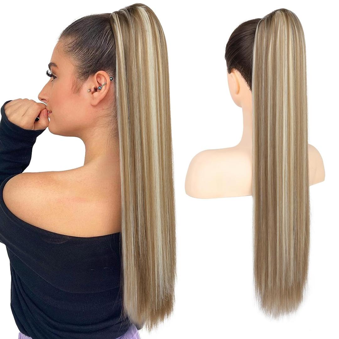 Flufymooz ponytail extension, 26 Inch Long Straight Drawstring Ponytail Synthetic Hairpieces Fake Pony Tails Natural Soft Clip in Hair Extension Pony Tail for Women (Ash Brown with Blonde Highlights)