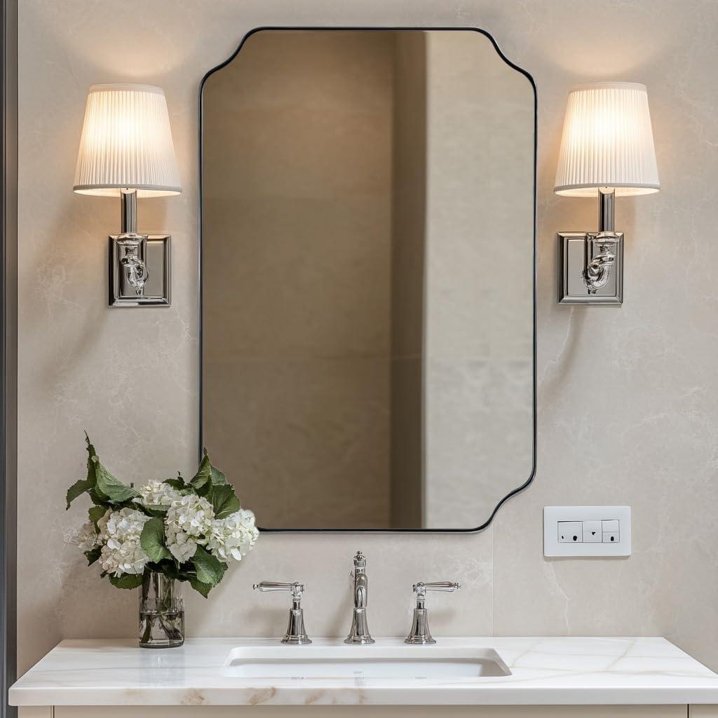 ANDY STAR Chrome Bathroom Mirror, 24x36 Inch Polished Chrome Rectangle Mirror, Scalloped Bathroom Mirror with Stainless Steel Metal Frame, Thin Frame Deep 1