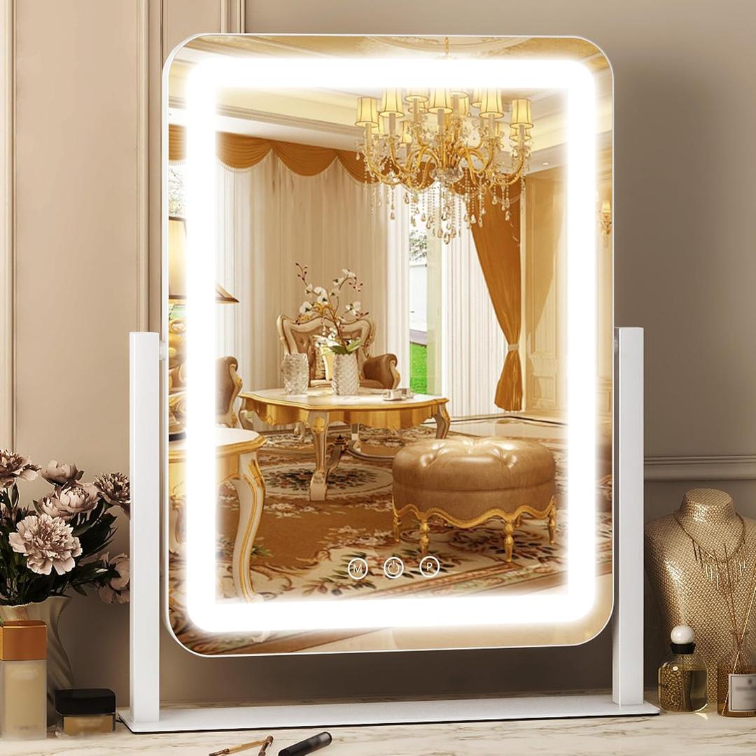 FENNIO Makeup Mirror with Lights 17"x13" Desk MirrorVanity Mirror with Lights, Touch Screen with 3-Color Lighting, Dimmable, Vanity Mirror for Vanity Desk Tabletop (White)