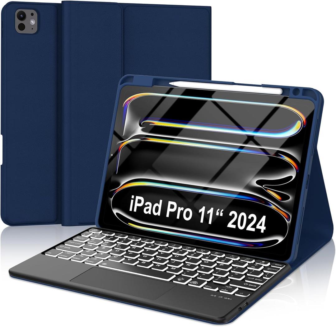 IVEOPPE Keyboard Case for iPad Pro 11-inch (M4) - Magnetic Wireless Keyboard with Multi-Touch Trackpad 7 Colors Backlit Stain Proof Folio Wireless Cover for iPad Pro 11 Inch 2024, Deep Blue