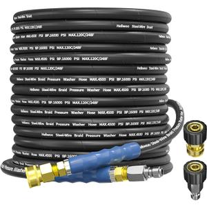 Heliwoo Pressure Washer Hose 75 FT 3/8 Inch 4500psi for Cold and Hot Water Max 248°F With 3/8 Inch Quick Connect Kink Resistant High Tensile Wire Braided