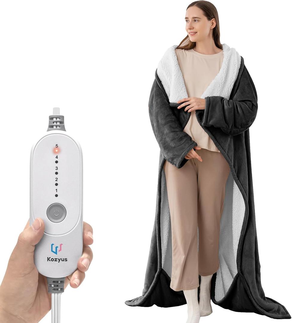 Wearable Heated Blanket with Foot Pocket & Sleeves, Electric Blanket Heated Robe for Women & Men, 5 Heat Settings, 3H Auto-Off, Machine Washable, ETL Certified, Gift-Ready, 50x70 Inches, Grey