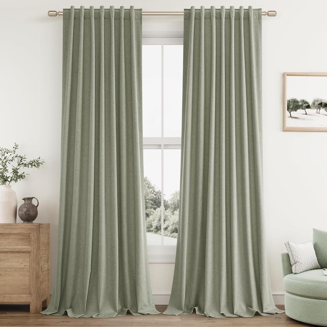 Sage Green 100% Blackout Linen Curtains 84 Inch Length 2 Panels Set for Living Room Bedroom Back Tab Thermal Insulated Black Out Drapes Room Darkening Farmhouse Style for Bedroom Window Curtains, 52"W x 84"L