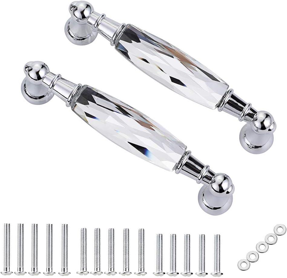 JUXYES Pack of 2 Crystal Cabinet Handles Pulls, Chrome Silver Glass Handle Decorative Drawer Pulls Modern Cupboard Door Handle Knobs for Dresser Drawer Cabinet Closet (3.75")
