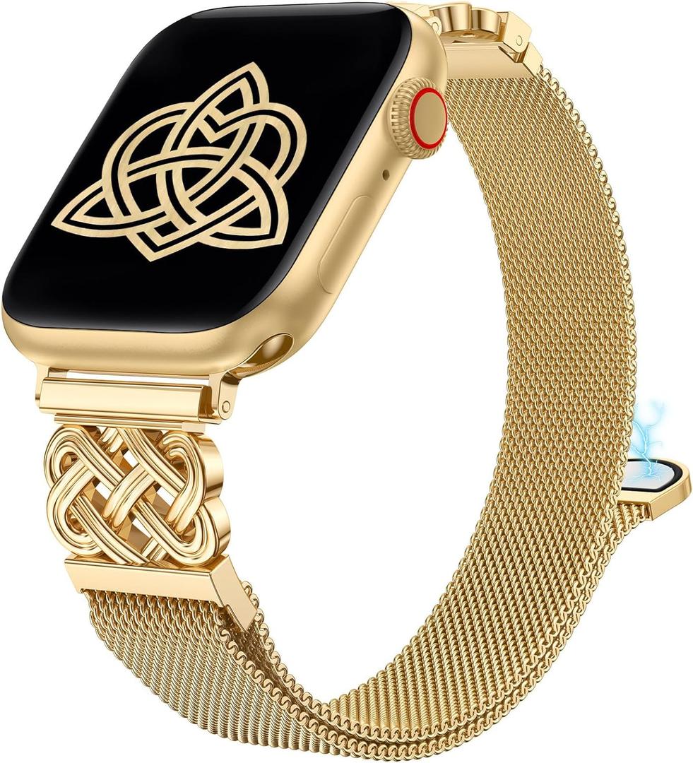 Stainless Steel Magnetic Loop Compatible with Apple Watch Band 41/40/38/49/46/45/44/42mm Women Mesh Celtic Knot Dressy Strap for iWatch Series 11/10/9/8/7/6/5/4/3/2/1/SE & Ultra(1/2/3) (Gold)