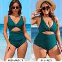 Charmo Womens One Piece Swimsuit Ruched Tummy Control High Cut Backless V Neck Bathing Suits Swimwear (Blue, L)