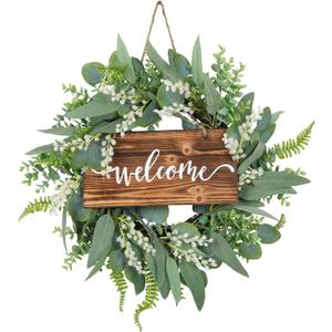 20 Inch Green Eucalyptus Wreath for Front Door- Handicraft Bamboo Frame with Versatile Silk Leaves - Ideal Spring & Summer Decorating for Indoor & Outdoor Use (White) (White)