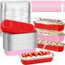 Vesici 60 Pcs Mini Loaf Pans with Lids and Spoons 6.8 oz Disposable Rectangle Aluminum Foil Baking Pans for Party Muffin Cheesecake(Red,Pink)