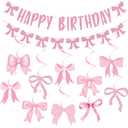 Pink Bow Birthday Decorations, Glitter Happy Birthday Banner and Hanging Swirls for Women Girls Bow Themed Party Decor, Baby Shower Party Supplies