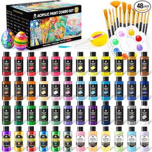 64 PCS Pastel Acrylic Paint Set with 12 Brushes, 2 Knives & Palette, 48 Colors (2oz/60ml) Art Craft Paint for Adults Kids Artists Beginners, Canvas Ceramic Rocks Wood Painting Kit Art Supplies