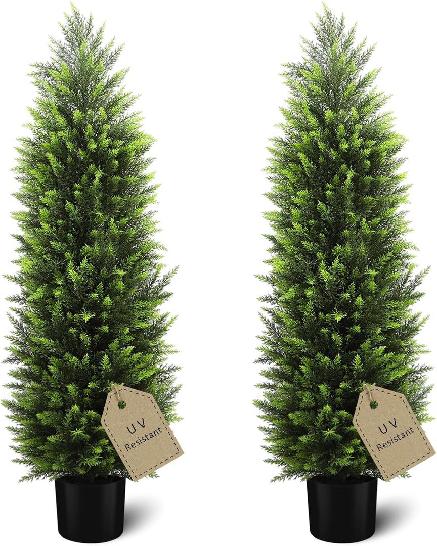HMASYO 4FT Artificial Cedar Topiary Trees for Outdoor, Set of 2 Potted Fake Cypress Tree Faux Evergreen Plants with UV Resistant Leaves for Home Porch Front Door Garden Decorations, Bright Green (4ft, Bright Green)
