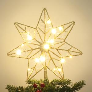 YEAHOME Christmas Tree Topper, Gold Glittered Hollow 7Point Star Tree Topper, Lighted Wire Star with 20 LED Lights for Christmas Treetop, Xmas Tree Topper with Timer, Christmas Tree Decorations