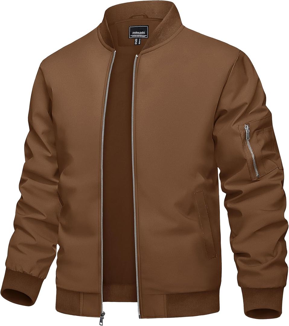 TACVASEN Men's Bomber Jacket Lightweight Casual Spring Fall Windbreaker Zip Up Coat with Pocket (Brown, XXL)