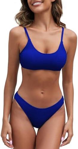 Fanuerg Women's Ribbed Bikini Sets Scoop Neck Cheeky Swimsuit Textured Two Piece Bathing Suit, Large 