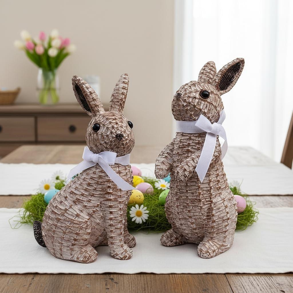Rattan Effect Resin Easter Bunny Figurines Decor 2 PCS Wicker Looking Rabbit Decorations with Bow for Spring Table Centerpieces Indoor Farmhouse Home Decor(Small Rattan)