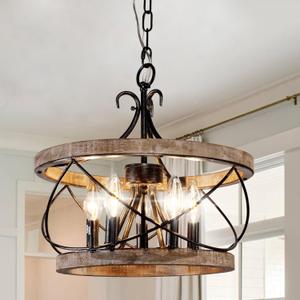 5-Light Farmhouse Wood Chandelier Light Fixture, 15.7" French Country Rustic Industrial Drum Hanging Pendant Lighting Over Table for Kitchen Island Dining Room Entryway (Brown)