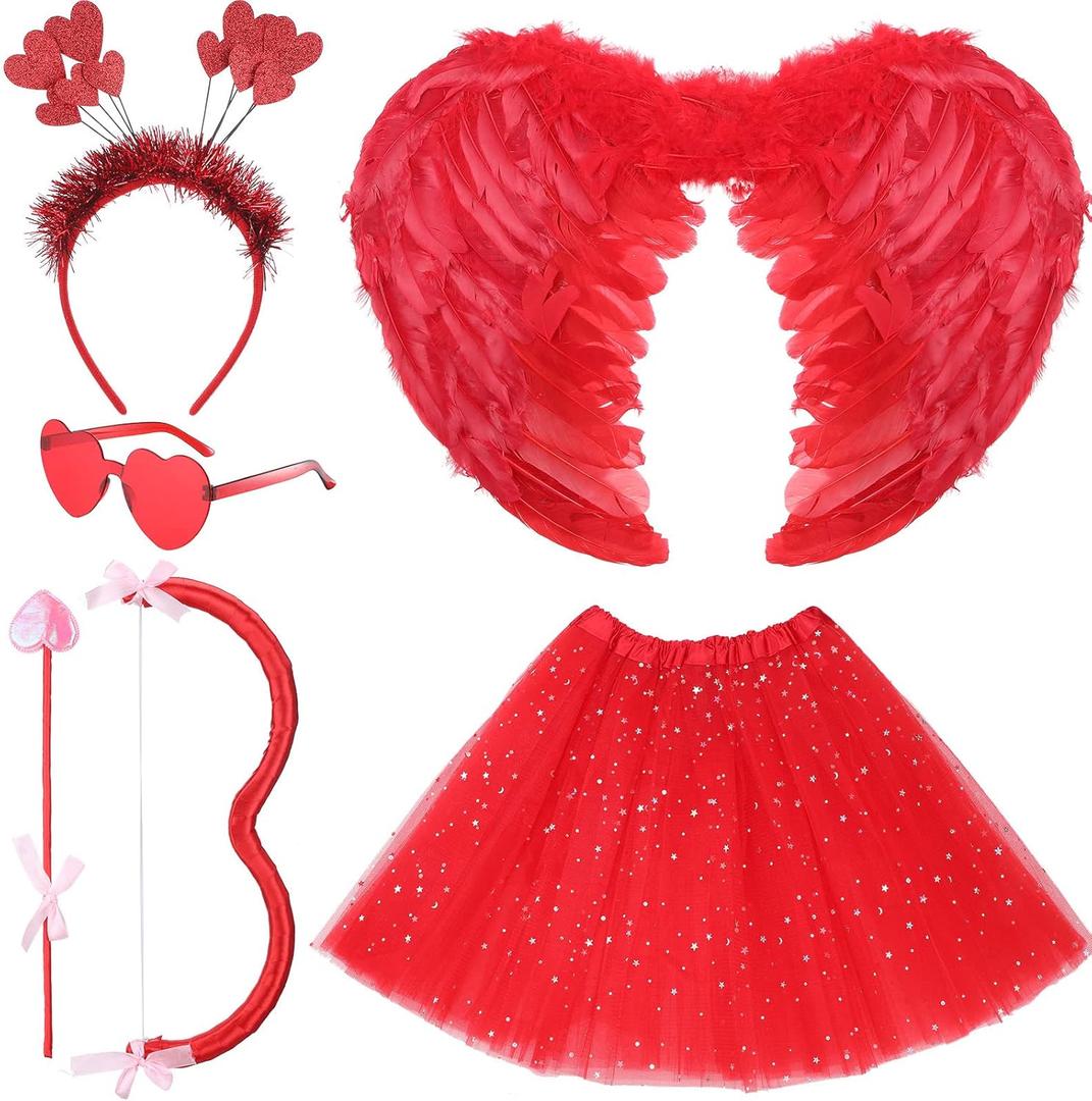 Unittype 5pcs Halloween Cupid Costume Bow and Arrow Feather Angel Wings Heart Headband Red Sunglasses Tutu Skirt