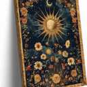 Sun and Moon Celestial Canvas Wall Art Tarot Crescent Moon Wall Decor Pictures Gothic Wildflowers Painting Posters Prints Aesthetic Dark Academia Vibe Artwork For Bedroom Home Decor Framed (12Inx16In Canvas)