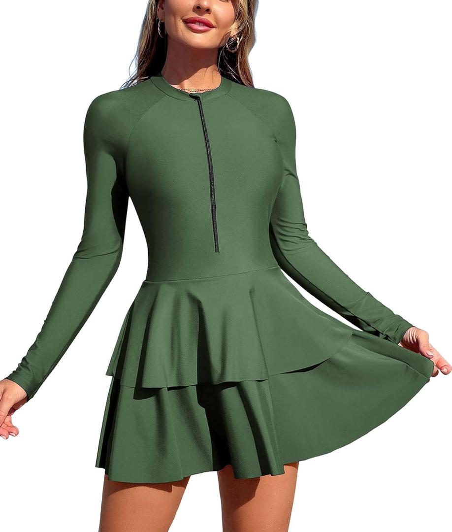 ZAFUL Women's One Piece Rash Guard Long Sleeve Modest Swimsuits Dress Zipper Bathing Suit Swimskirt (0-army Green) Medium