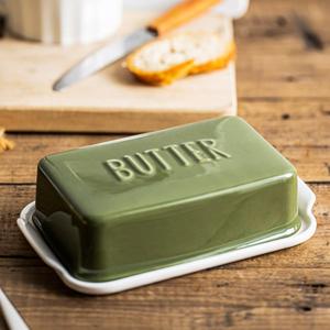 Porcelain Covered Butter Dish with Lid for Countertop Butter Holder Container for One Stick of Butter. Textured Tray Butter Keeper for Non Slip Storage-GREEN SMALL