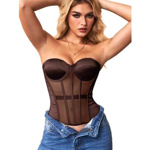 Kaei&Shi Strapless Sheer Mesh Corset, Push Up Shapewear Corsets Top For Women Lace Up Fit Size 4-6 (Brown)