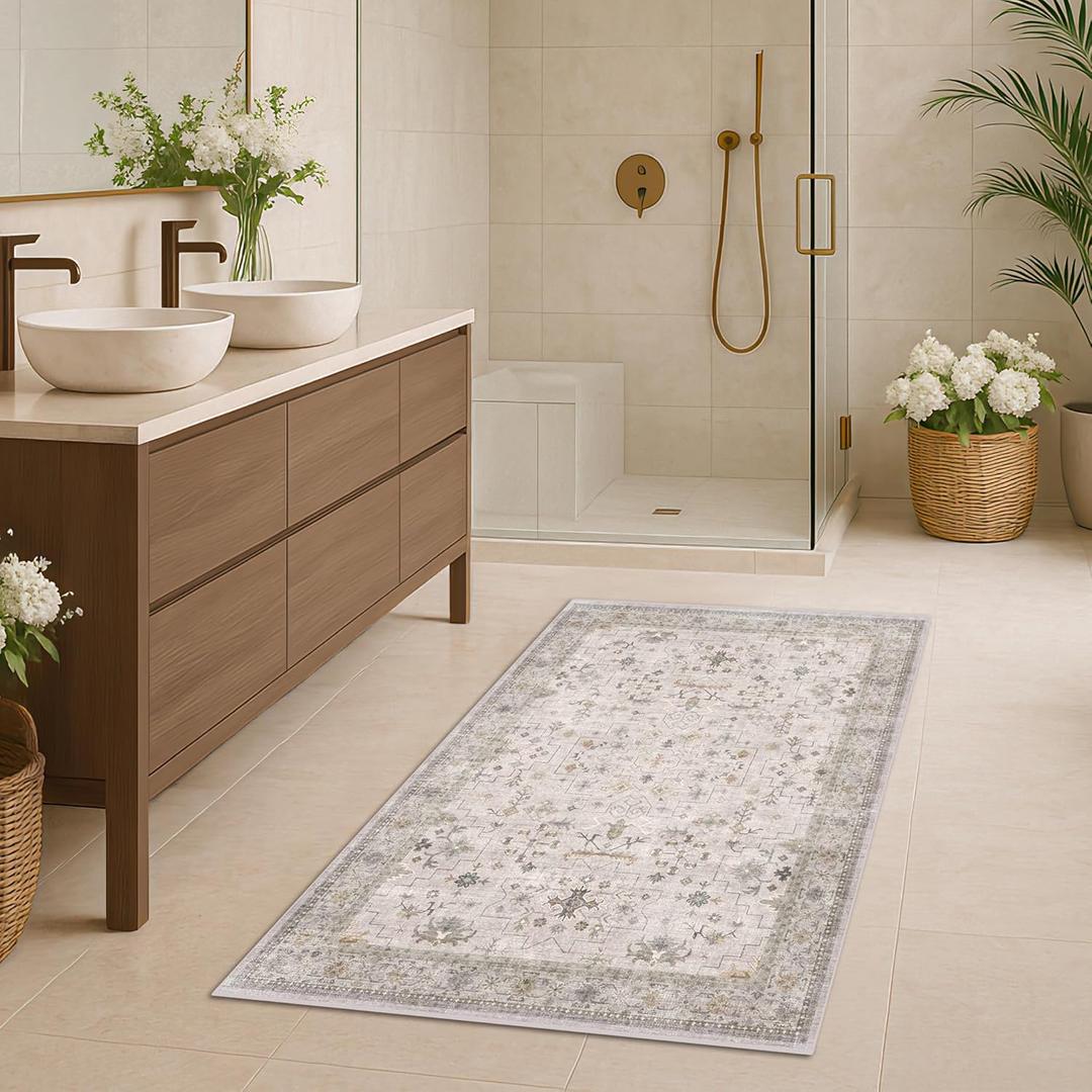 Light Grey 3x5 Large Boho Bathroom Rug - Modern Vintage Eclectic Floral Pastel Neutral Taupe, Washable Low Pile Non-Slip Area Rugs for Entryway, Kitchen, Bedroom Beside Bed, Laundry