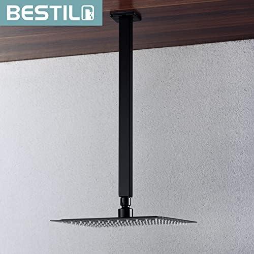 BESTILL 16 Inch Matte Black Ceiling Mount Shower Arm and Flange, Square Rain Shower Head Arm BESTILL 16 Inch Matte Black Ceiling Mount Shower Arm and Flange, Square Rain Shower Head Arm