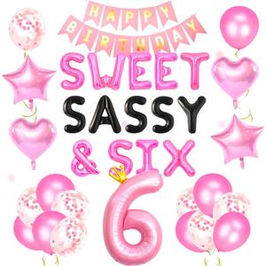 42 PCS Sweet Sassy & Six Birthday Decoration Sweet Six Birthday Balloons 6 Years Old Birthday Decoration Girls 6th Birthday Decoration