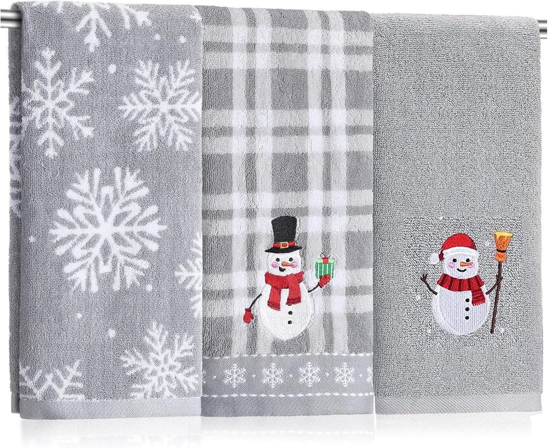 3 Pcs Winter Hand Towels for Bathroom Snowflake Snowman Embroidered Bathroom Towels Farmhouse Decorative 13.78 x 29.53 Inch Absorbent Soft Cotton for Kitchen Dish Fast Drying Decor