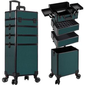 AROUS Rolling Makeup Train Case 4 in 1 Cosmetology Case on Wheels Large Storage Cosmetic Trolley with Key Salon Barber Traveling Cart Trunk, Green