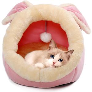 Lcybem Cat Beds for Indoor Cats - Rabbit-Shaped Cat Cave Bed with Hanging Toy,Super Soft Calming Pet Bed for Kitten,Small Dog,Warm Plush&Machine Washable&Removable Cotton Pad,cat Hideaway (XL)