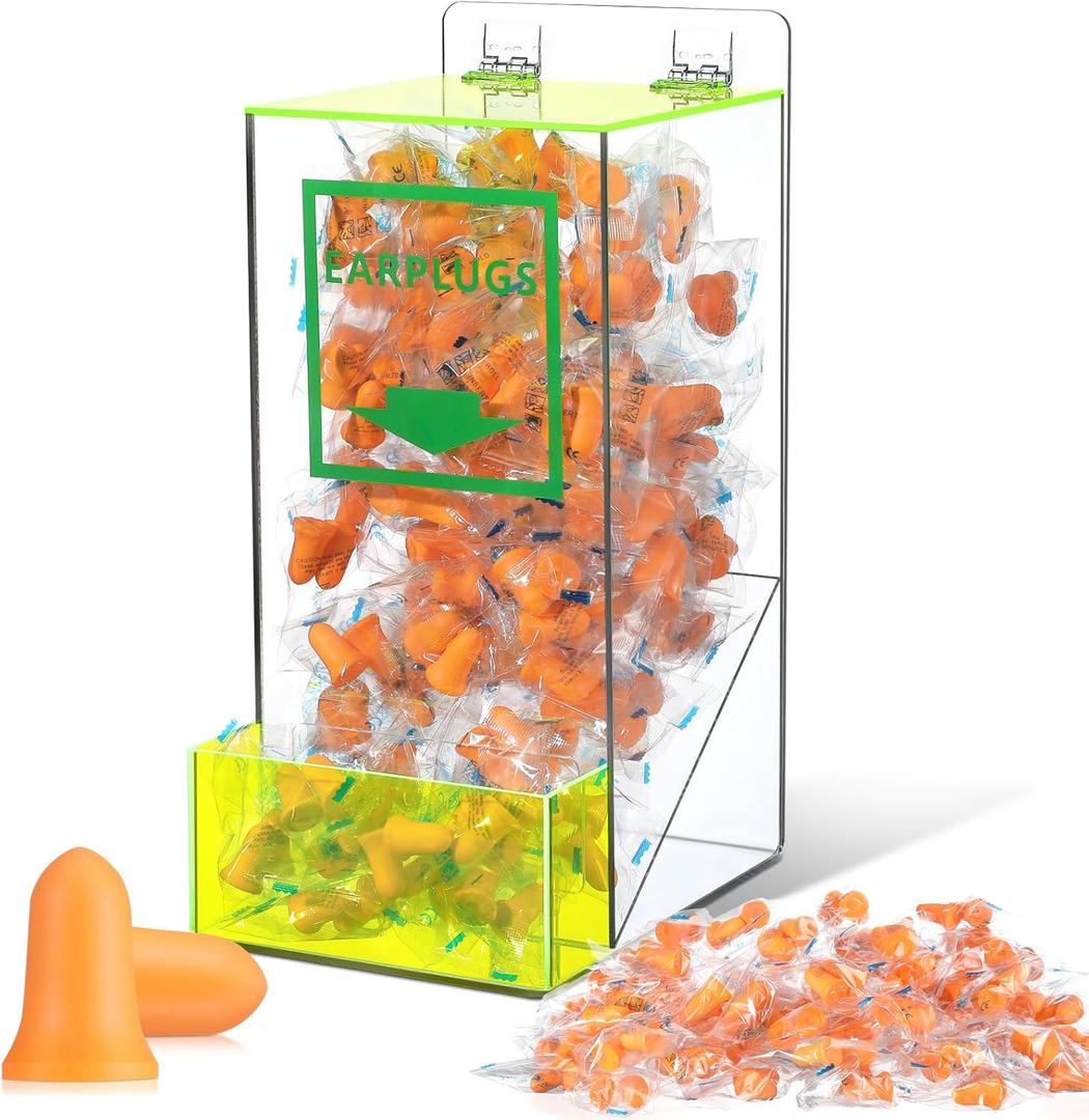 Nuanchu 100 Pairs Ear Plugs with Earplug Acrylic Dispenser 6 x 13 x 8 Inch Clear Acrylic Earplugs with Cover Front Pocket for Noise Cancelling Industrial Factory Office Home(6 x 13 x 8 Inch)