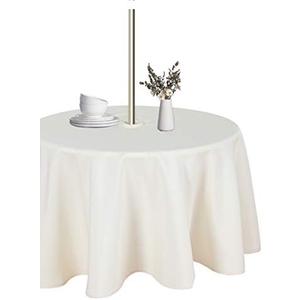 LUSHVIDA Round Outdoor Tablecloth with Umbrella Hole and Zipper, 60 Inch Beige, Washable Waterproof Table Cloth Spill Proof Wrinkle Free Table Cover for Patio Spring Summer Picnic BBQS