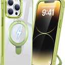 Magnetic Ring Stand Case for iPhone 14 pro max, 16FT Military-Grade Protection Shockproof, Non-Slip, Anti Scratch, Textured Grip & Clear Back for Hands-Free Video Calls (Clear Green)