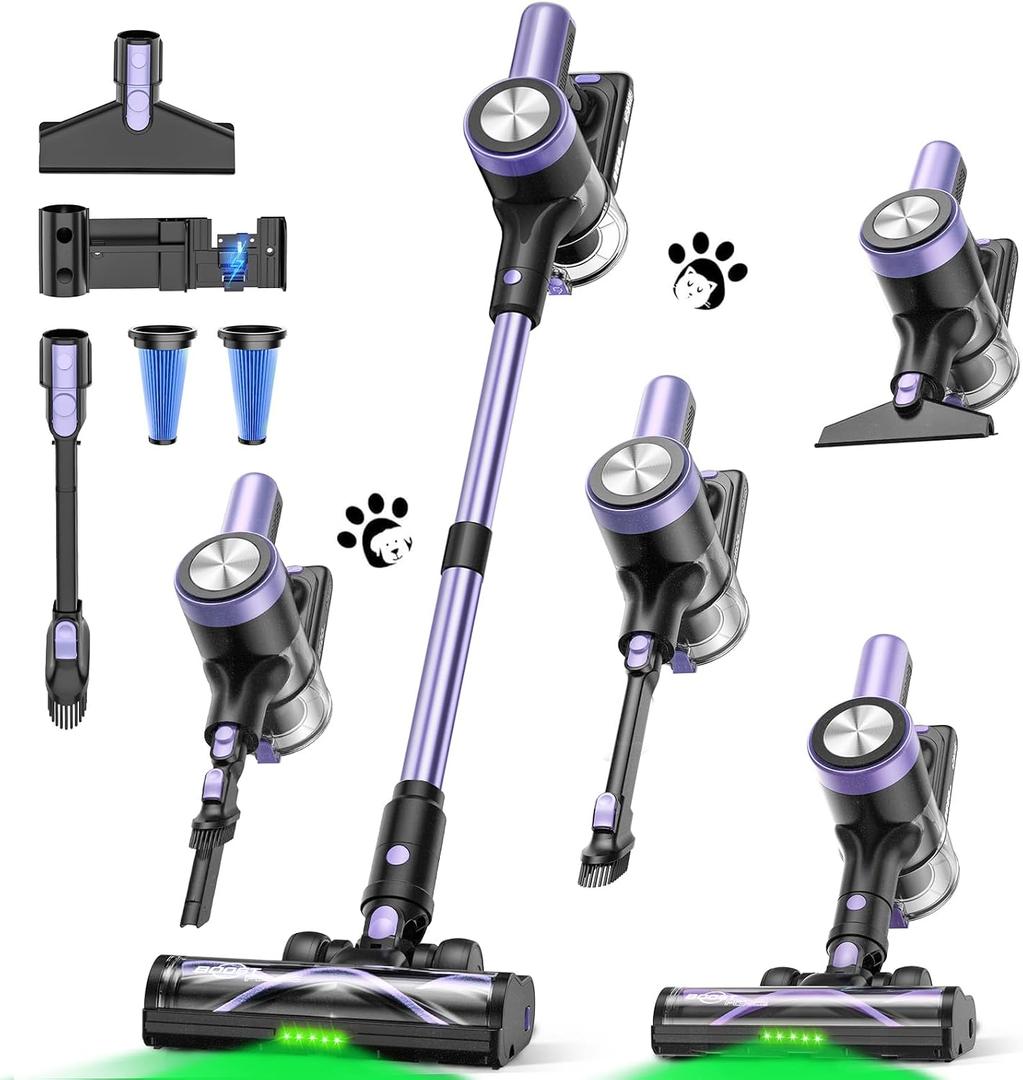 Cordless Vacuum Cleaner, 55KPa/500W Stick Vacuum with 55 Mins Runtime, Self-Standing Vacuum Cleaner for Home, LED Display, Anti-Tangle Brush, Rechargeable Vacuum for Hardwood Floor, Pet Hair (Purple)