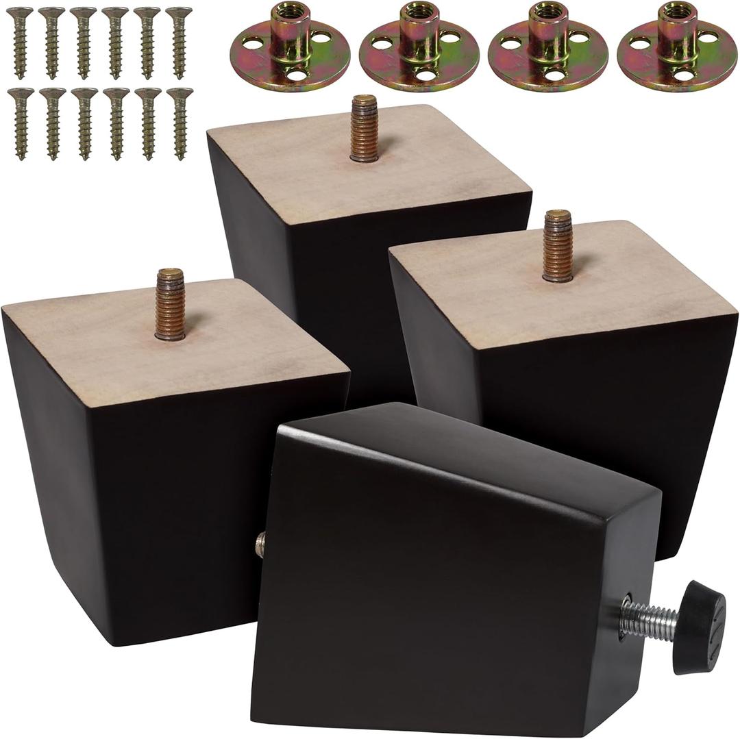 CODIN (5 Sizes: 3"-4"-5"-6"-8" Set of 4 Wood Furniture Legs - Square Sofa Legs, Couch Leg - Brown Mid-Century Modern Replacement Legs for Armchair Recliner Coffee Table Dresser (4, 3")