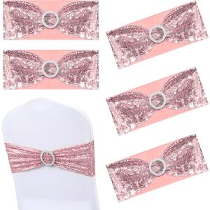 ISKYBOB Set of 12 Sequin Chair Sashes, Spandex Stretchy Chair Covers Glitter Chair Band with Buckle Decorative Bows Ties for Wedding Party Supplies, Rose Gold