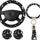 4 Pieces Black Moons White Stars Print Car Accessories Set Black Moons White Stars Steering Wheel Cover with 2 Pieces Car Cup Holder and Leather Keyring for Truck Suv(Horror Pattern)