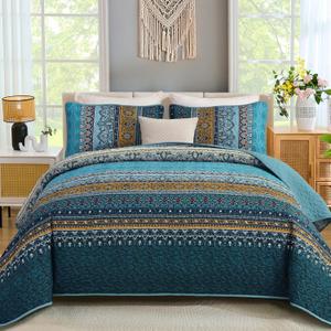 WONGS BEDDING Boho King Size Quilts 3 Pieces, Teal Bedspreads Bedding Set with Floral Printed, Soft Lightweight Bedspread Bohemian Striped Quilt All Season (King, 104"x90")