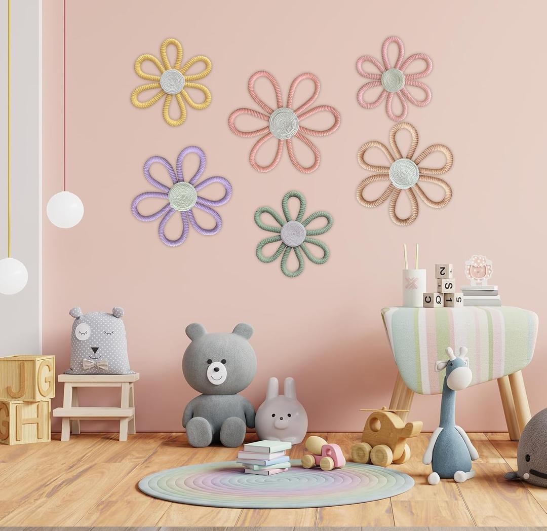 JAVEOLA 6Pcs 3 Sizes A Set Bohemian Wall Decor, Woven Flower Wall Hanging, Bedroom Nordic Cute Daisy Shaped Pendants for Girls Kids Baby Nursery Rooms, Modern Home Hanging, Boho Wall Pediments.