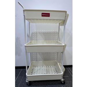 HBTower Utility Rolling Cart 3-Tier, Mobile Utility Cart with Lockable Caster Wheels,Storage Shelves Organizer Cart, 3 Hanging Baskets, Easy Assembly,for Bathroom, Kitchen, Office, Workshop