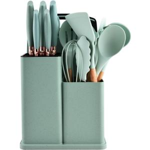 19 Piece Silicone Cookware Set - Kitchen Utensil Set with 9 Silicone Utensils, 5 Stainless Steel Knives, Wooden Handle, Light Green