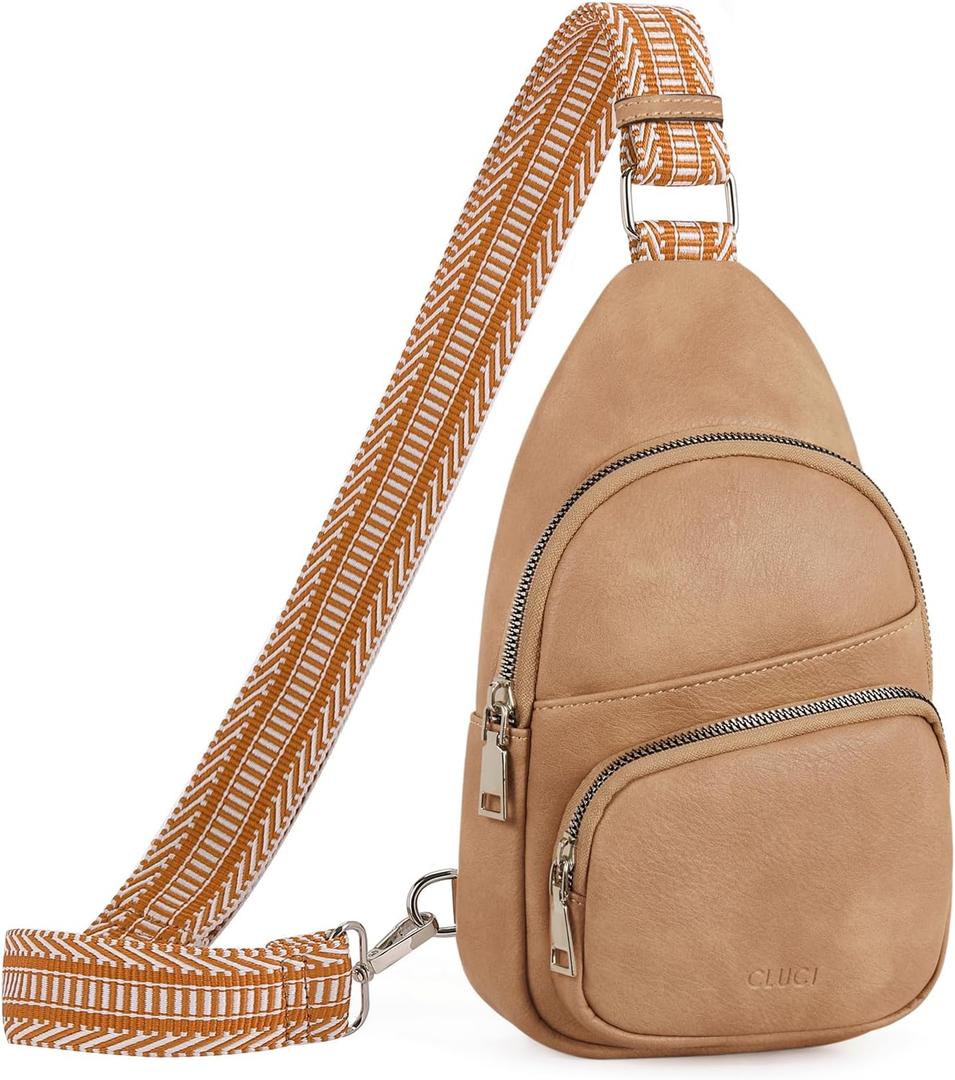 CLUCI Small Sling Bag for Women, Vegan Leather Fanny Pack Crossbody Bags for Women, Chest Bag With Guitar Strap (A-6 Light Brown)