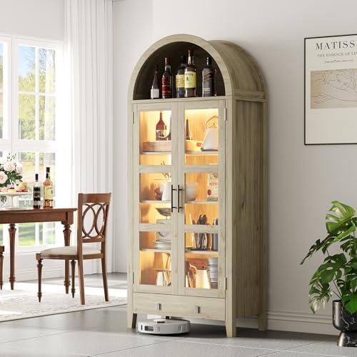 Garvee 71" Tall Arched Kitchen Pantry Cabinet, Modern Farmhouse Kitchen Storage Cabinets with LED Lights, Arched Cabinet with Open & Adjustable Shelves, Hidden Drawer & Glass Door for Dining Room