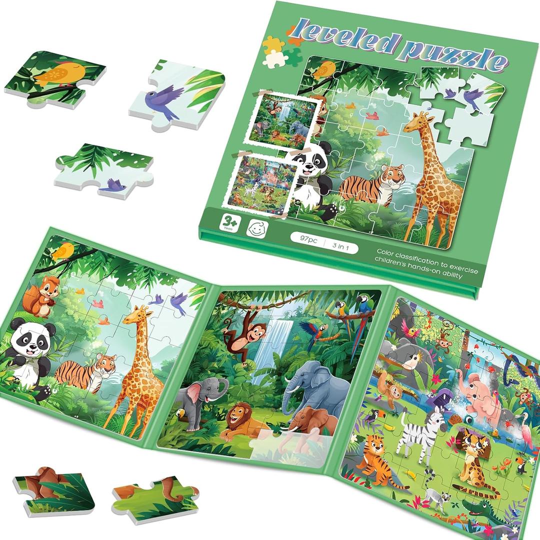 Magnetic Puzzles for Toddlers 3-5, 75-Pieces Travel Toys, Animal Jungle Puzzles Ages 4-6, Educational Learning Magnets, Road Car Trip & Airplane Activities Toys for 3 4 5 6 7 Girls Boys Gift