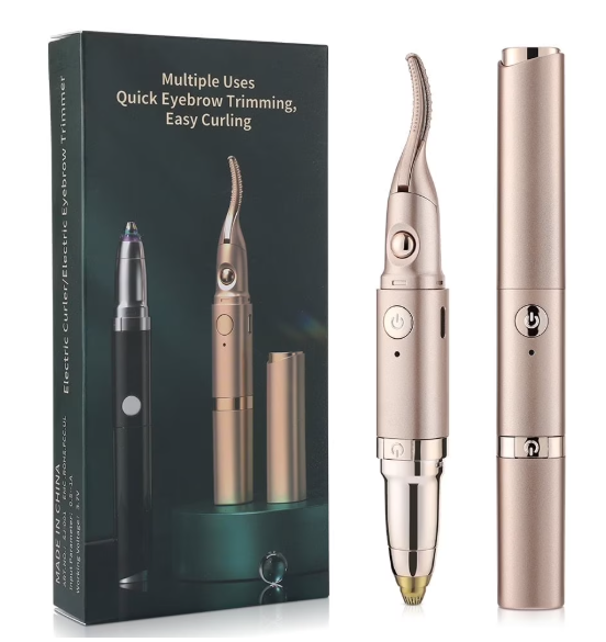 Eyelash Curler & Eyebrow Trimmer 2 in 1, Electric Lash Curler with 2 Temp Settings, Fast Heating, LED Light, Brow Shaper for Precise Shaping & Natural Curl, Gold