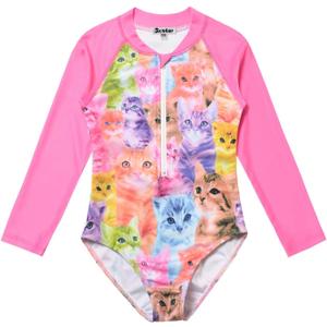 Jxstar Girls Rash Guard One Piece Mermaid/Unicorn Swimsuit Swimwear UPF 50+ UV (10-11 Years, Cat)