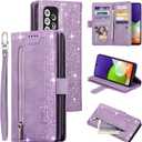 UEEBAI Wallet Case for Samsung Galaxy A52 4G/5G A52S, Retro 9 Card Holder Slots Zipper Pocket Handbag Case PU Leather Magnetic Closure Kickstand Wrist Strap Shockproof Flip Case - Glitter Purple